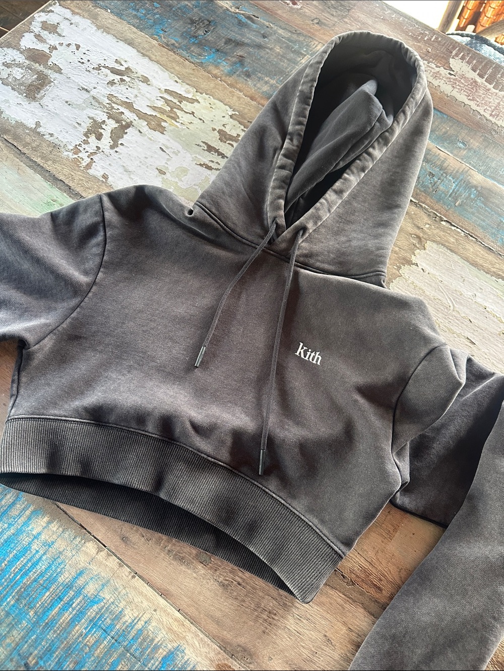 Kith Cropped Embroidered Logo Hoodie in Charcoal Gray XS